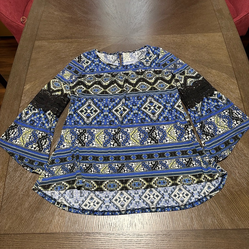 Hannah Boho Print Lace Bell Sleeve Women’s Top, Large - Picture 2 of 13